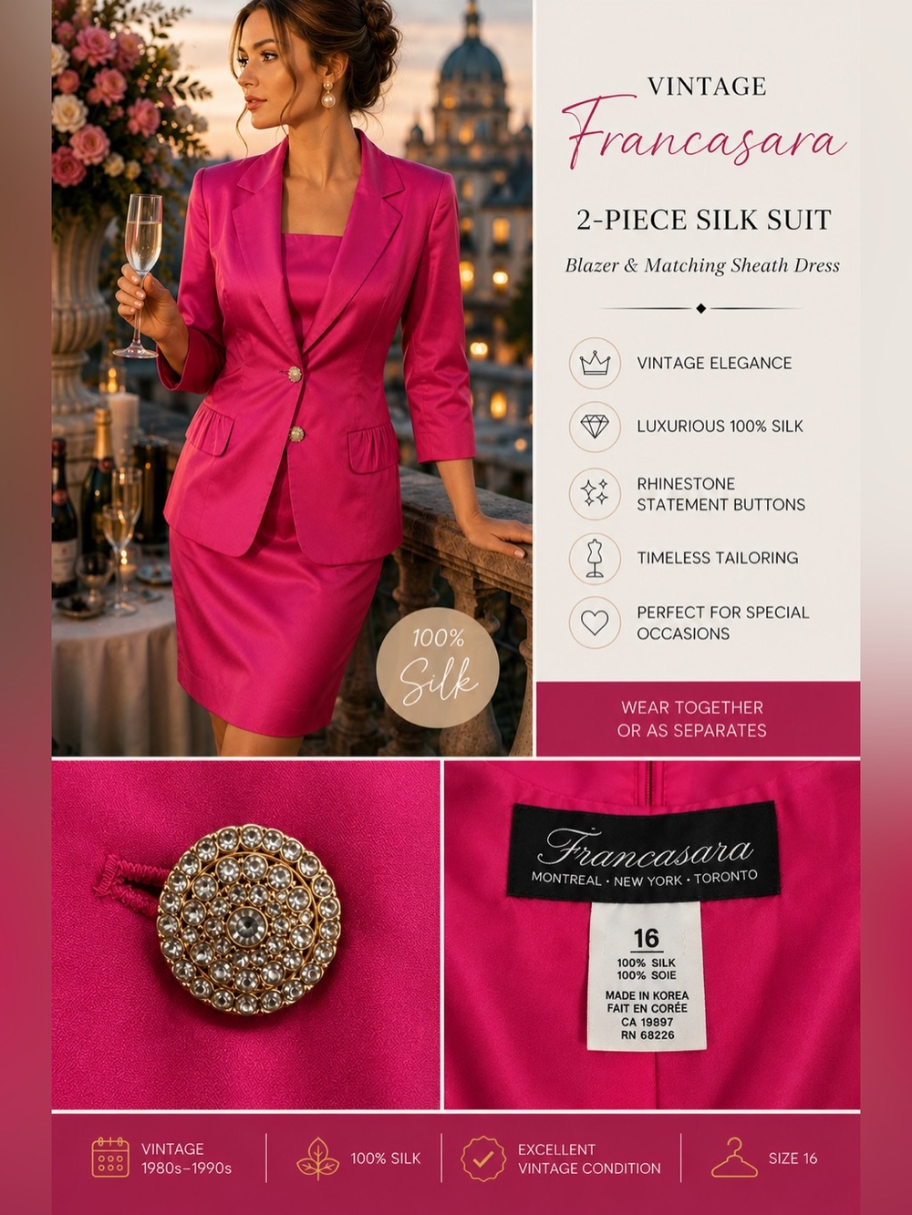 Francasara 2-Piece Silk Blazer & Sheath Dress in Vibrant Fuchsia XL